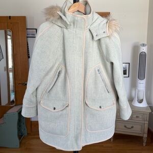 Seafoam green stadium cloth wool coat with faux fur trimmed hood